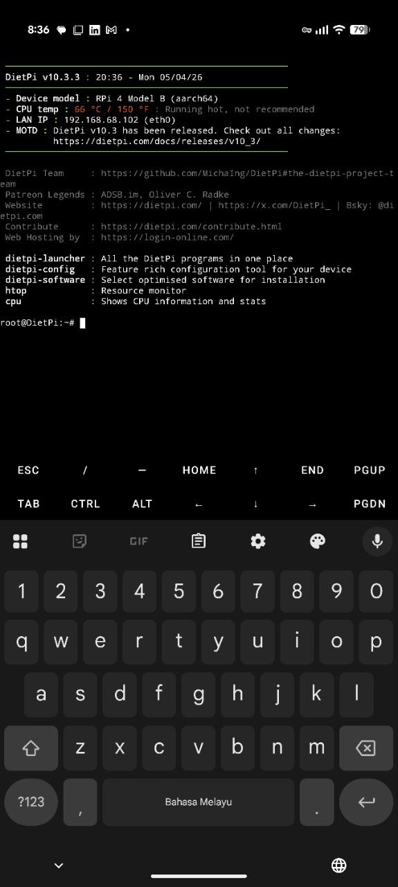 DietPi status before replacement showing 66 C
