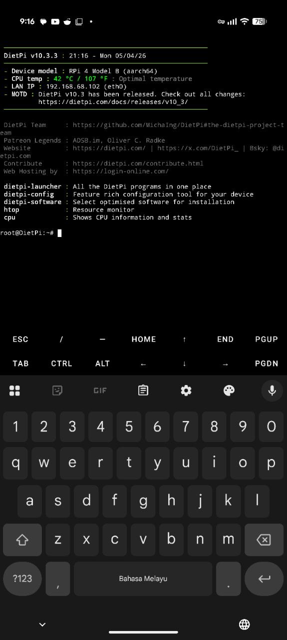 DietPi status after replacement showing 42 C
